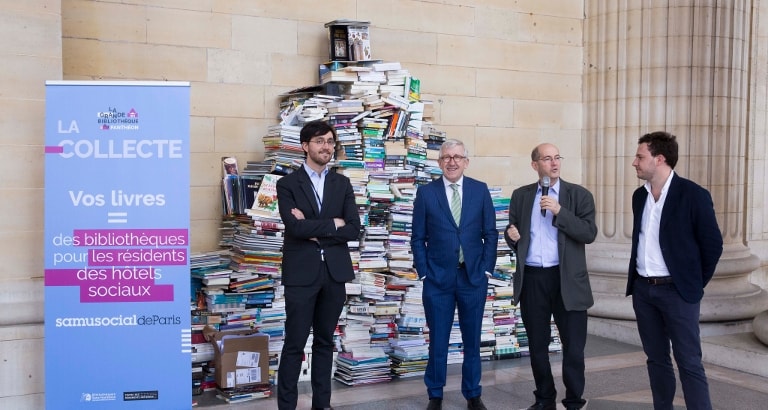 Photo de Philippe Bélaval, Patrick Weil, Jérémy Lachal et Gaetan Bruel au lancement de #BibliOPanthéon